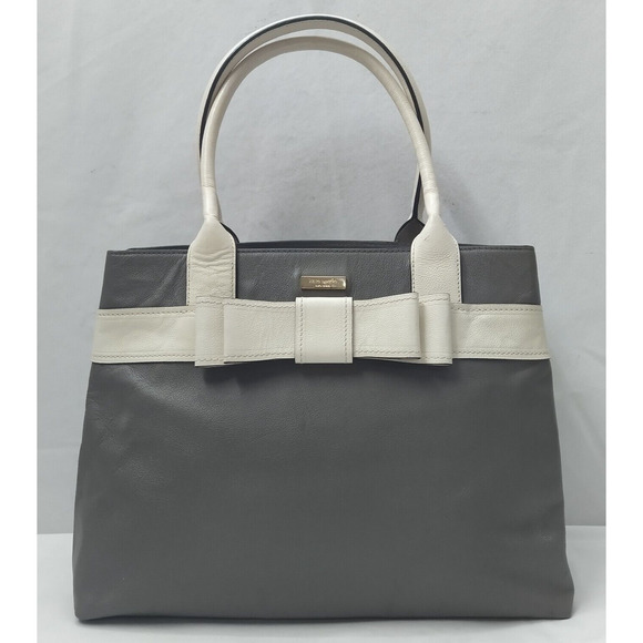 Kate Spade New York Gray Leather Bow Double Handle Large Tote Shoulder Bag - Picture 1 of 16